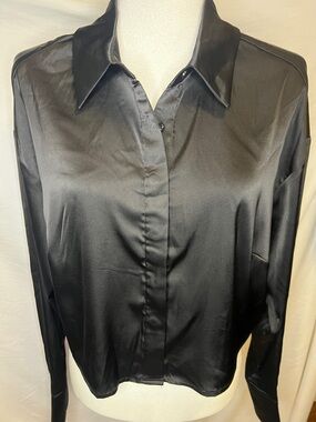 Walter Baker Black Satin Button-Up Blouse